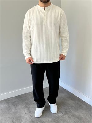 Düğmeli Fitilli İnce Sweatshirt Beyaz