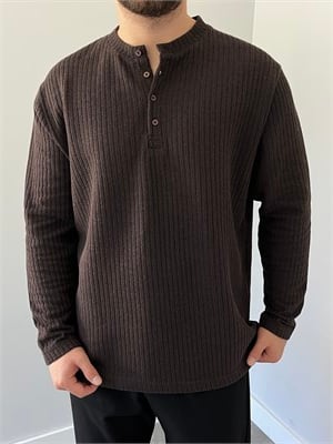 Düğmeli Fitilli İnce Sweatshirt Kahverengi