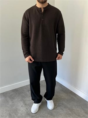 Düğmeli Fitilli İnce Sweatshirt Kahverengi