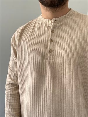 Düğmeli Fitilli İnce Sweatshirt Krem