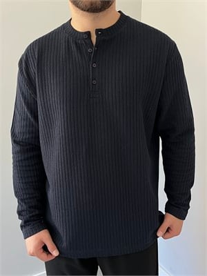 Düğmeli Fitilli İnce Sweatshirt Lacivert