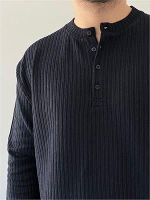 Düğmeli Fitilli İnce Sweatshirt Lacivert