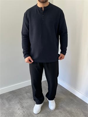 Düğmeli Fitilli İnce Sweatshirt Lacivert