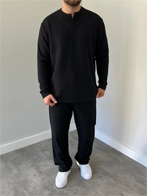 Düğmeli Fitilli İnce Sweatshirt Siyah