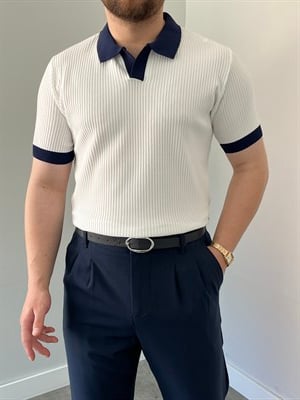 Premium Dokulu Çizgi Detay Triko Tişört Beyaz