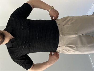 Premium Dokulu Delikli Örme  Triko Tişört Siyah