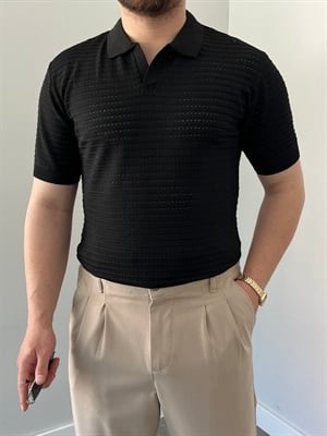 Premium Dokulu Delikli Örme  Triko Tişört Siyah