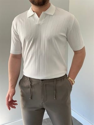Premium Dokulu Dikey Çizgili Triko Tişört Beyaz