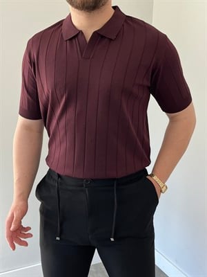 Premium Dokulu Dikey Çizgili Triko Tişört Bordo