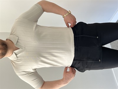 Premium Dokulu Dikey Çizgili Triko Tişört Krem