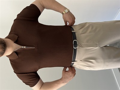 Premium Dokulu Fermuar Detay Triko Tişört Kahverengi 