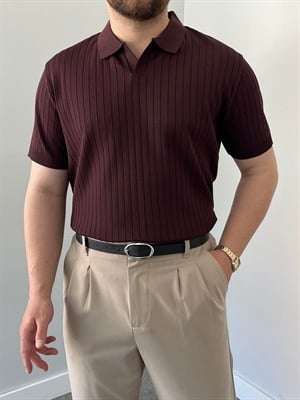 Premium Dokulu Hemşire Yaka Triko Tişört Bordo