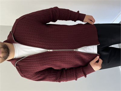 Saç Örgü Geniş Yakalı Çift Fermuarlı Hırka Bordo