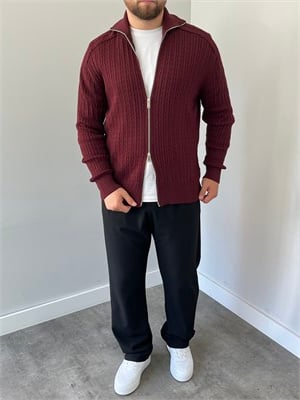 Saç Örgü Geniş Yakalı Çift Fermuarlı Hırka Bordo