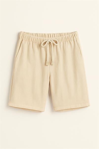 Erkek Beli Bağcıklı Relaxed Fit Keten Şort Bej Eca027