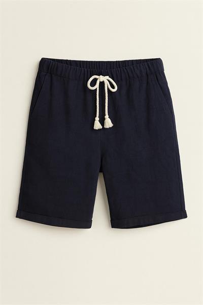 Erkek Beli Bağcıklı Relaxed Fit Keten Şort Lacivert Eca027