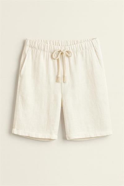 Erkek Beli Bağcıklı Relaxed Fit Keten Şort Krem Eca027