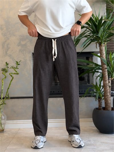 Erkek Relaxed Fit Beli Lastik ve Bağcıklı Keten Pantolon Kahverengi Eca062