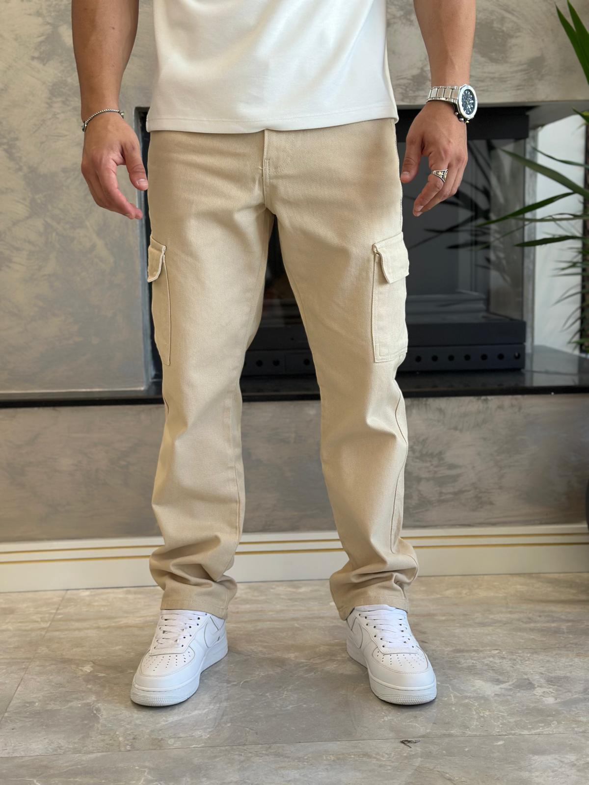 Erkek Baggy Kalıp Denim Kargo Pantolon Bej Eca038