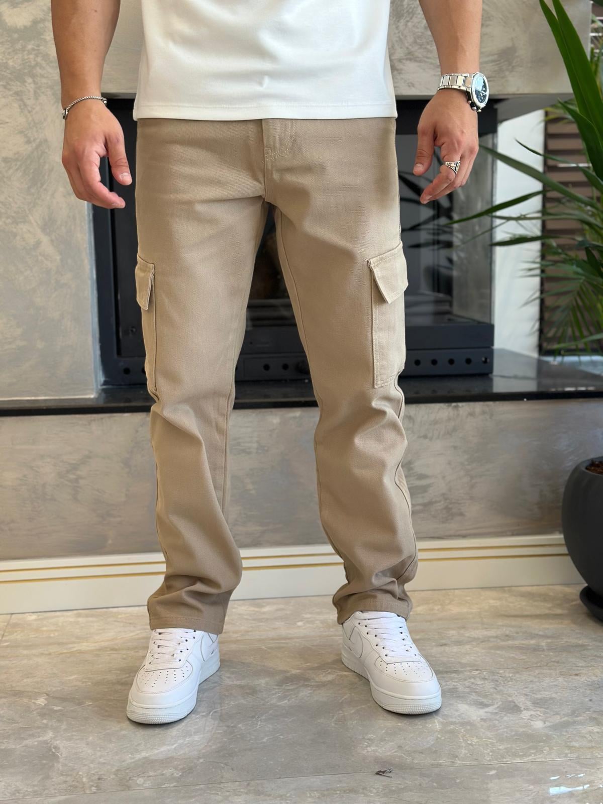 Erkek Baggy Kalıp Denim Kargo Pantolon Sütlü Kahve Eca038