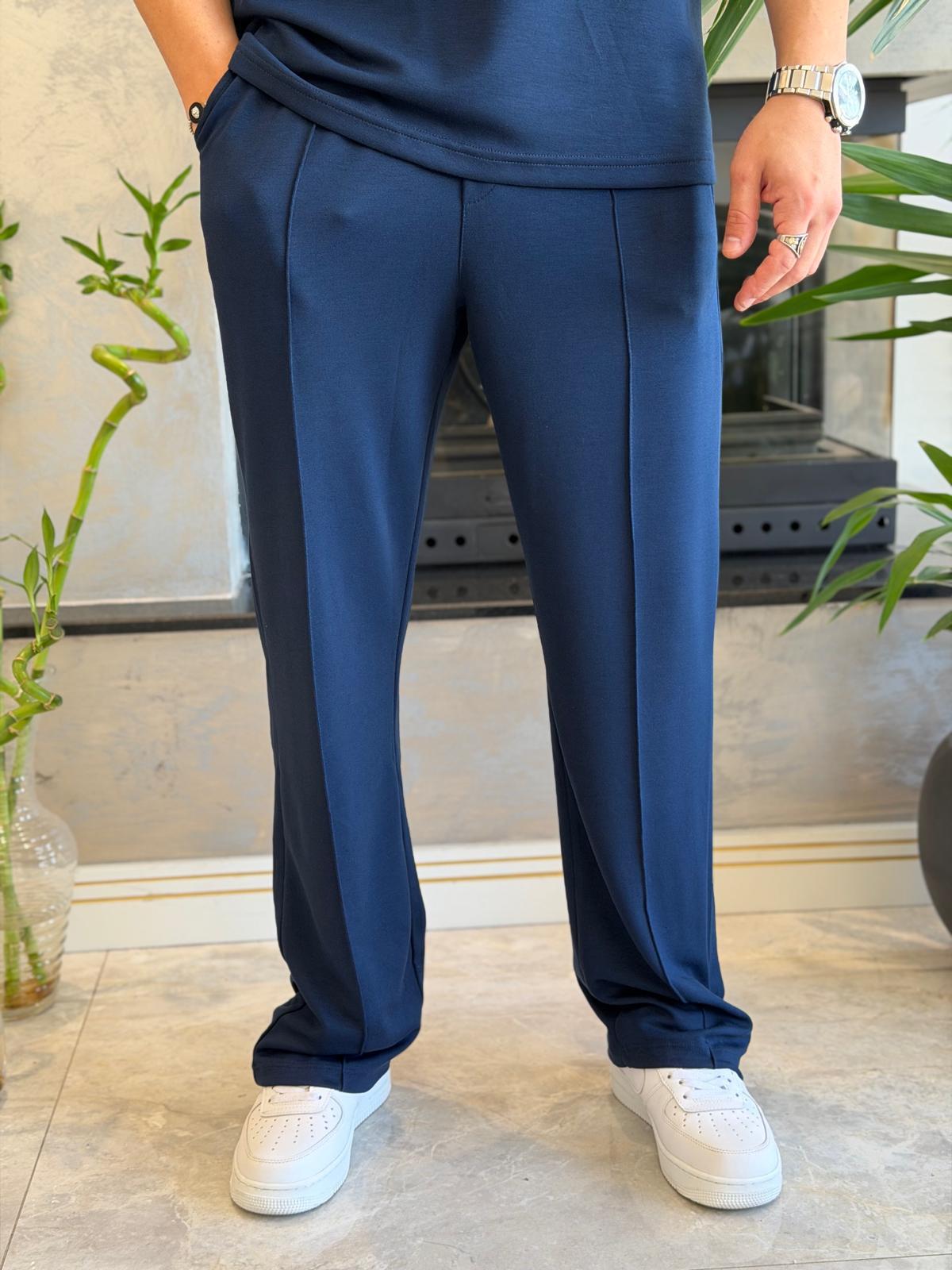 Erkek Beli Bağcıklı Modal Kumaş Dökümlü Pantolon Lacivert  Eca073