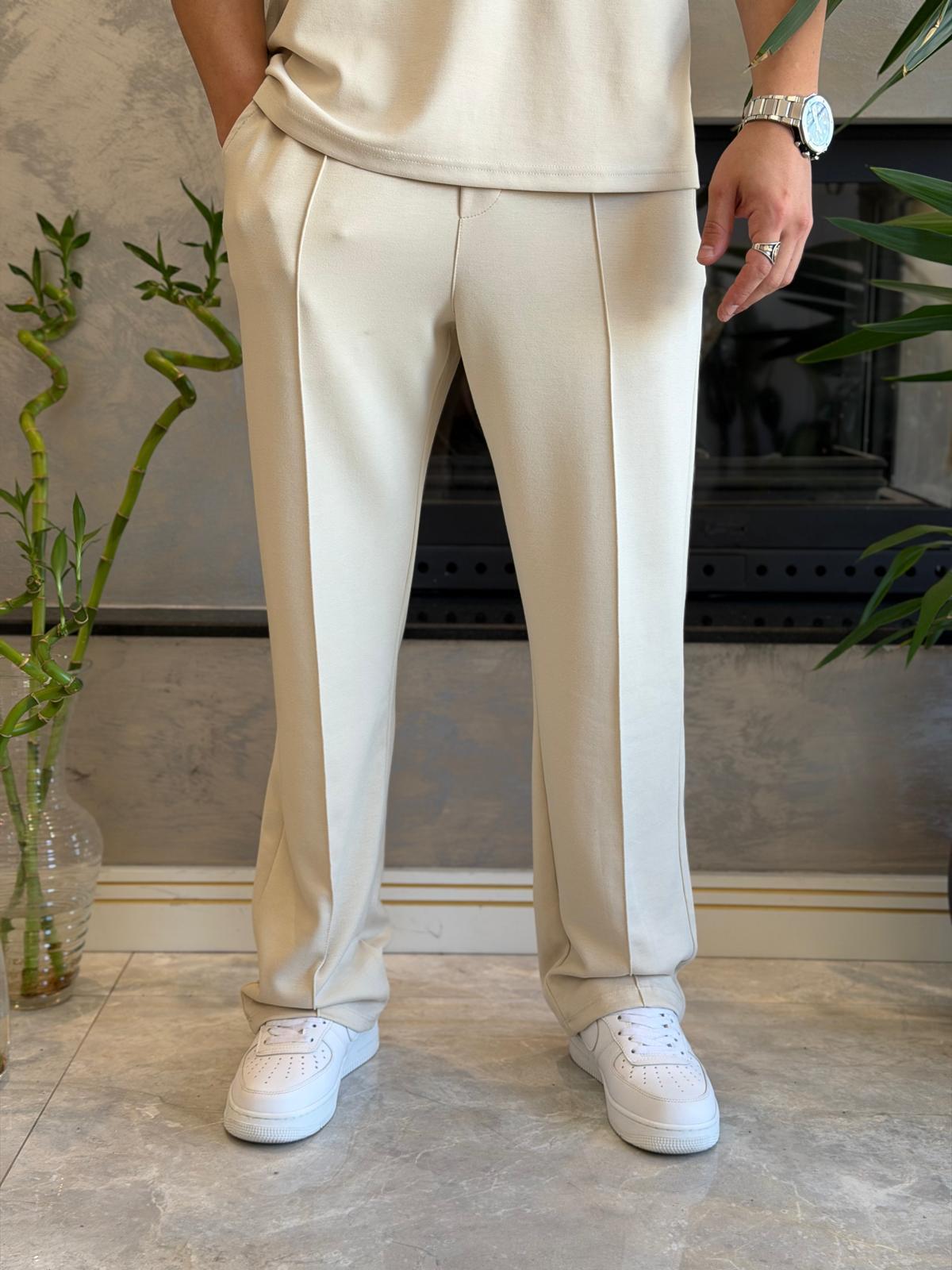 Erkek Beli Bağcıklı Modal Kumaş Dökümlü Pantolon Bej Eca073