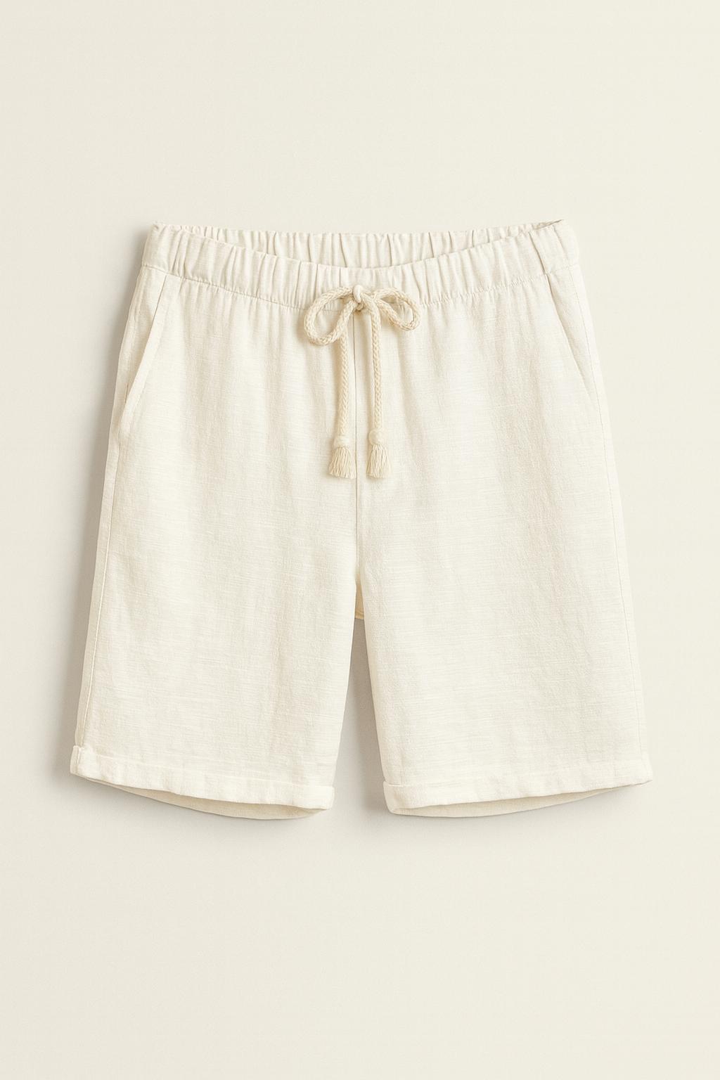 Erkek Beli Bağcıklı Relaxed Fit Keten Şort Krem Eca027