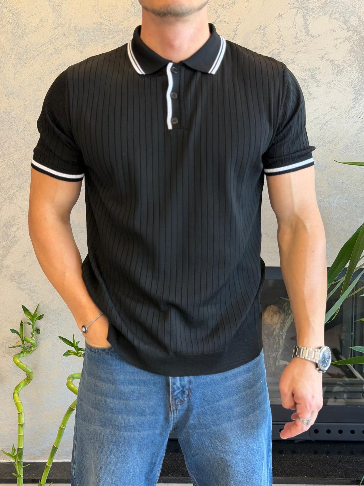 Erkek Çizgi Dokulu Yaka Detaylı Düğmeli Tshirt Siyah Eca068