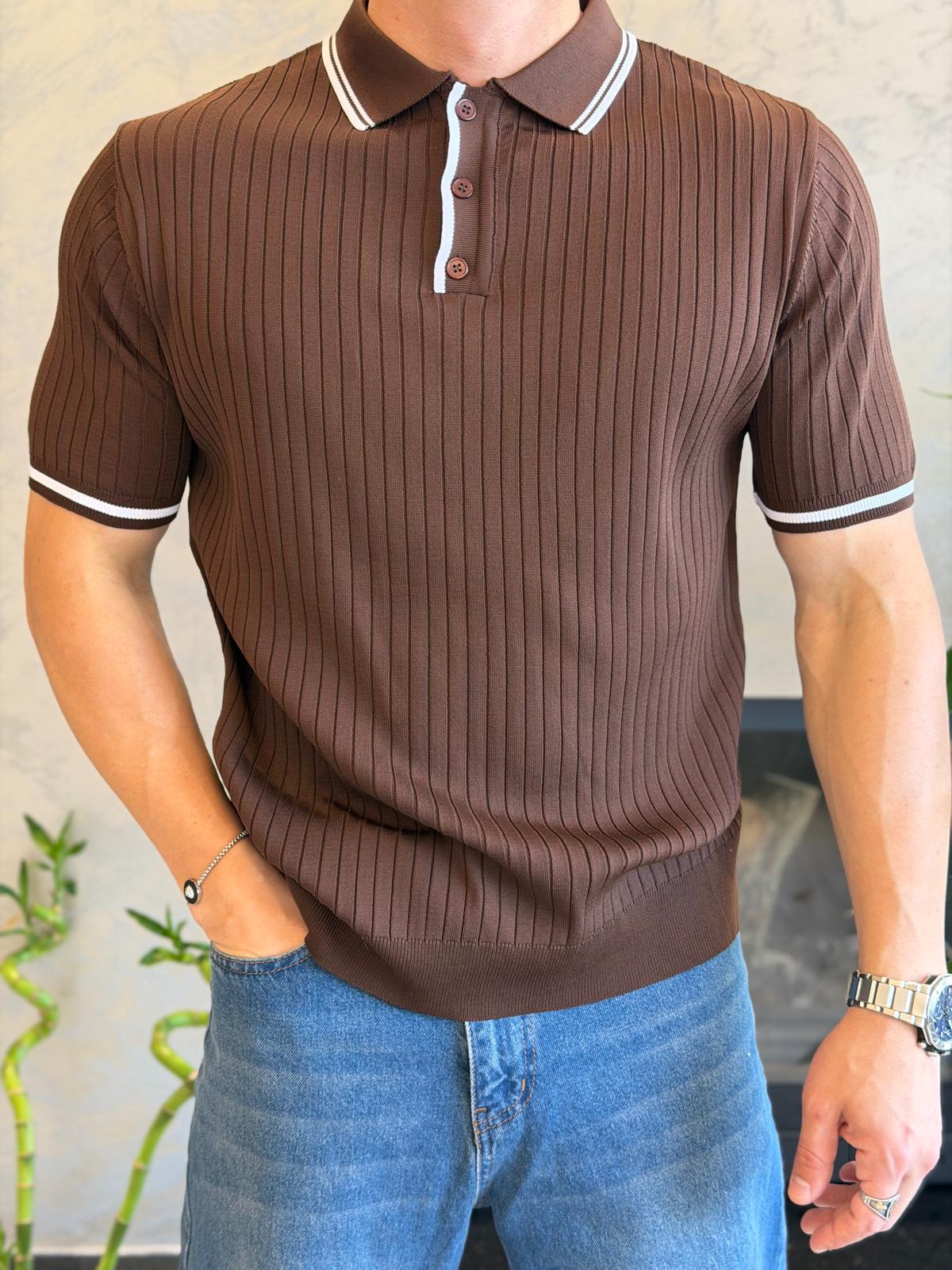 Erkek Çizgi Dokulu Yaka Detaylı Düğmeli Tshirt Acı Kahve Eca068