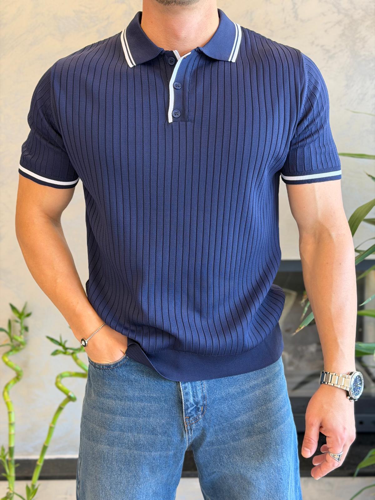 Erkek Çizgi Dokulu Yaka Detaylı Düğmeli Tshirt Lacivert Eca068