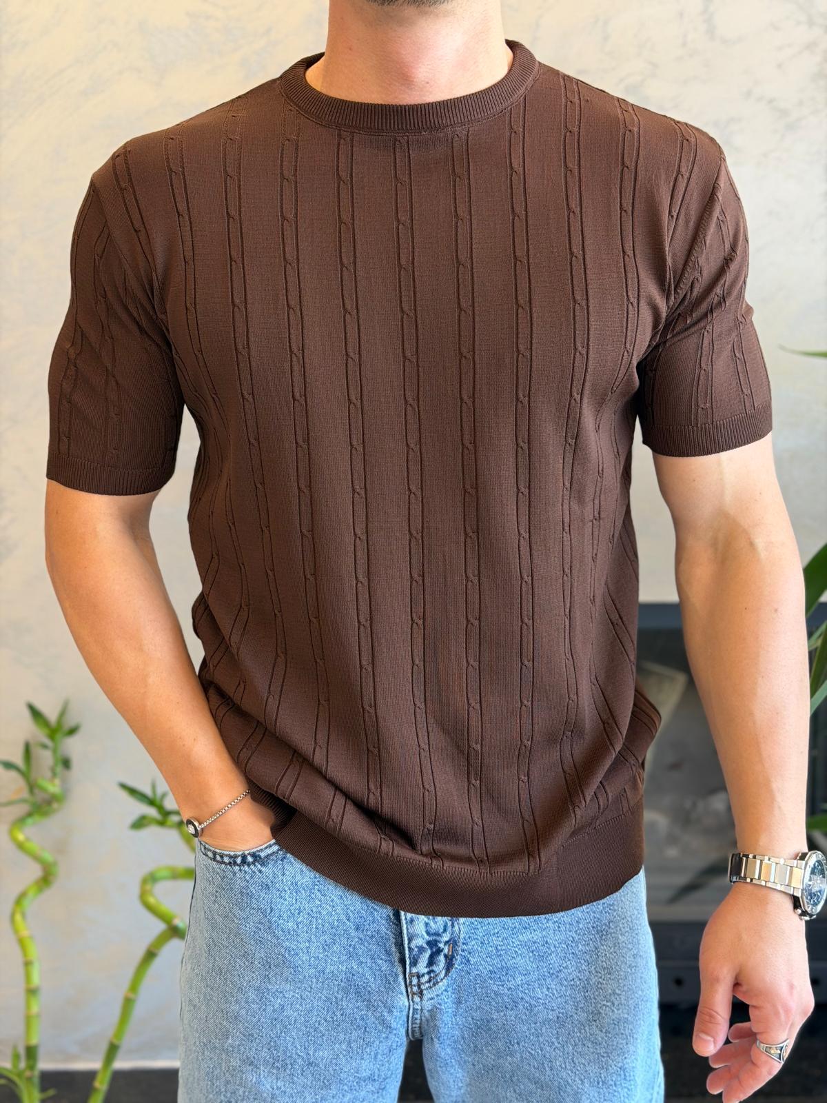Erkek Kısa Kollu Saç Örgü Desenli  Bisiklet Yaka Tshirt Acı Kahve Eca072