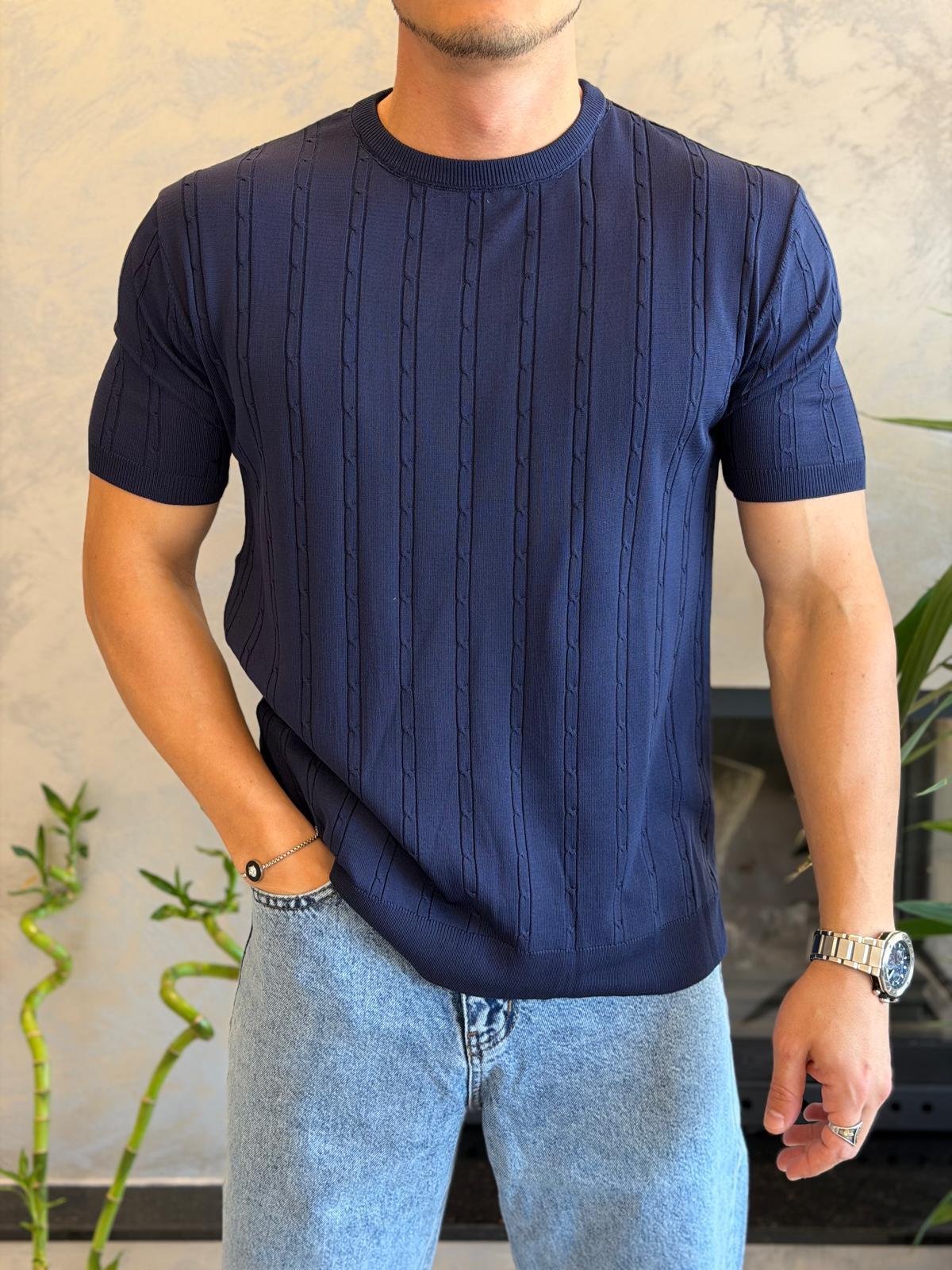 Erkek Kısa Kollu Saç Örgü Desenli  Bisiklet Yaka Tshirt Lacivert Eca072
