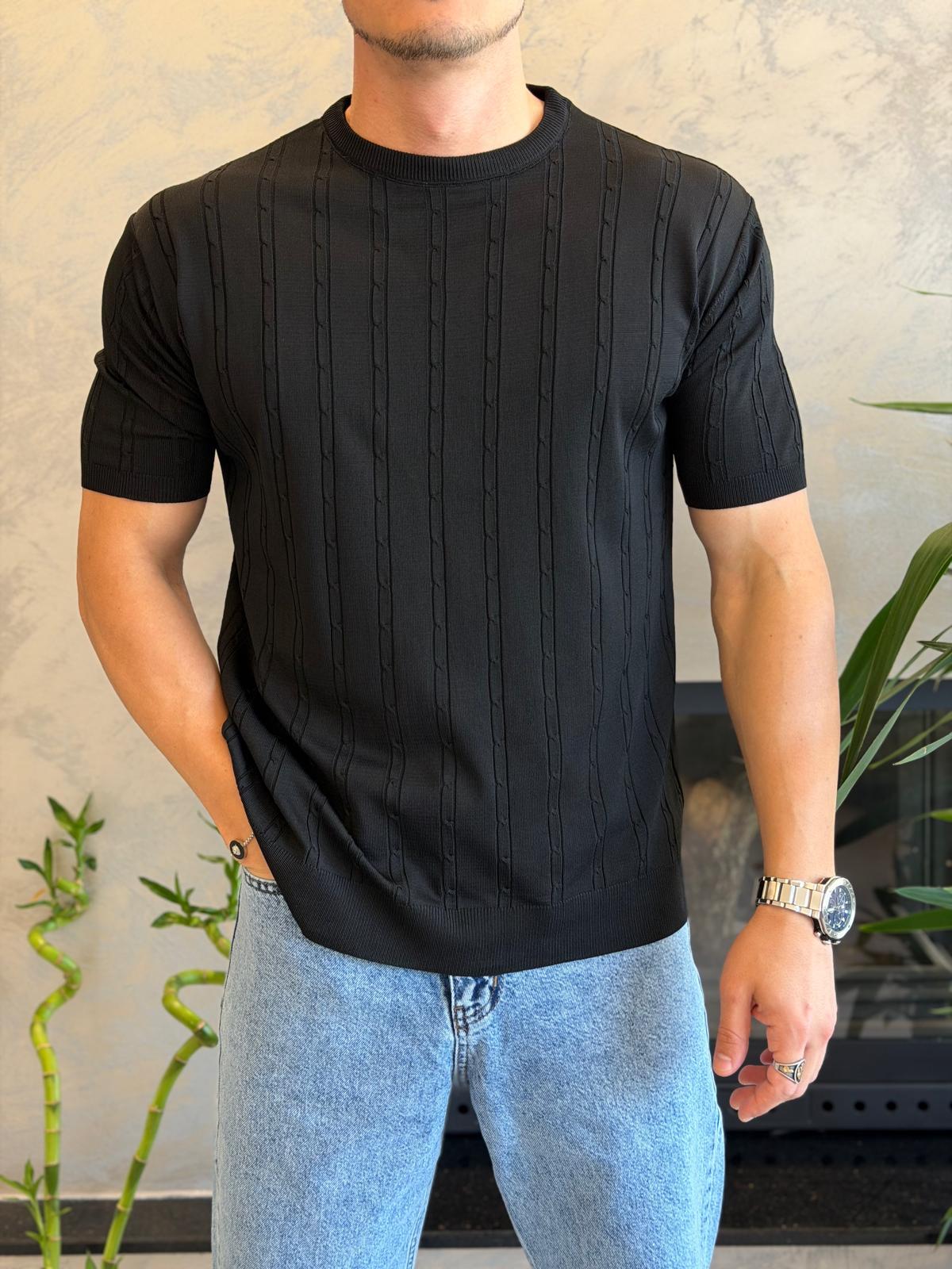 Erkek Kısa Kollu Saç Örgü Desenli  Bisiklet Yaka Tshirt Siyah Eca072