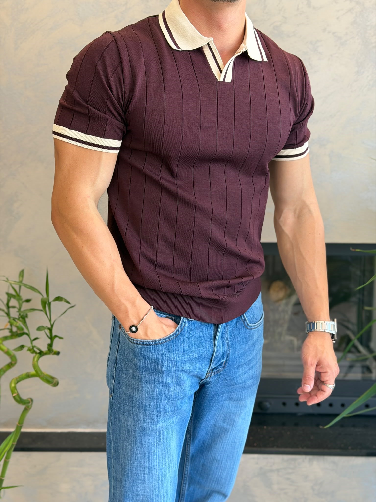 Erkek Kontrast Regular Fit Polo Yaka Tshirt Bordo Eca078 · 4