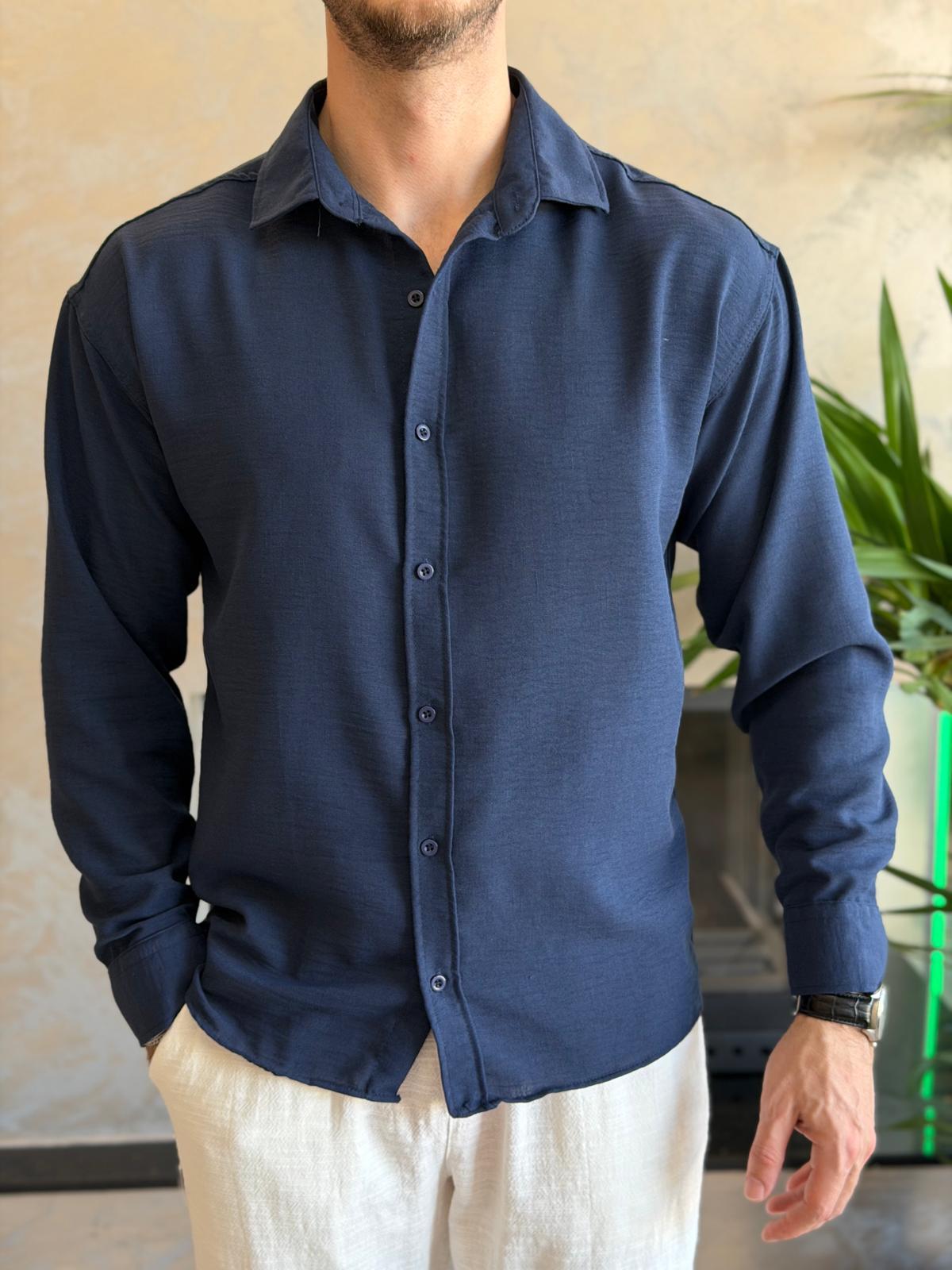 Erkek Oversize Kesim Keten Gömlek Lacivert Eca061