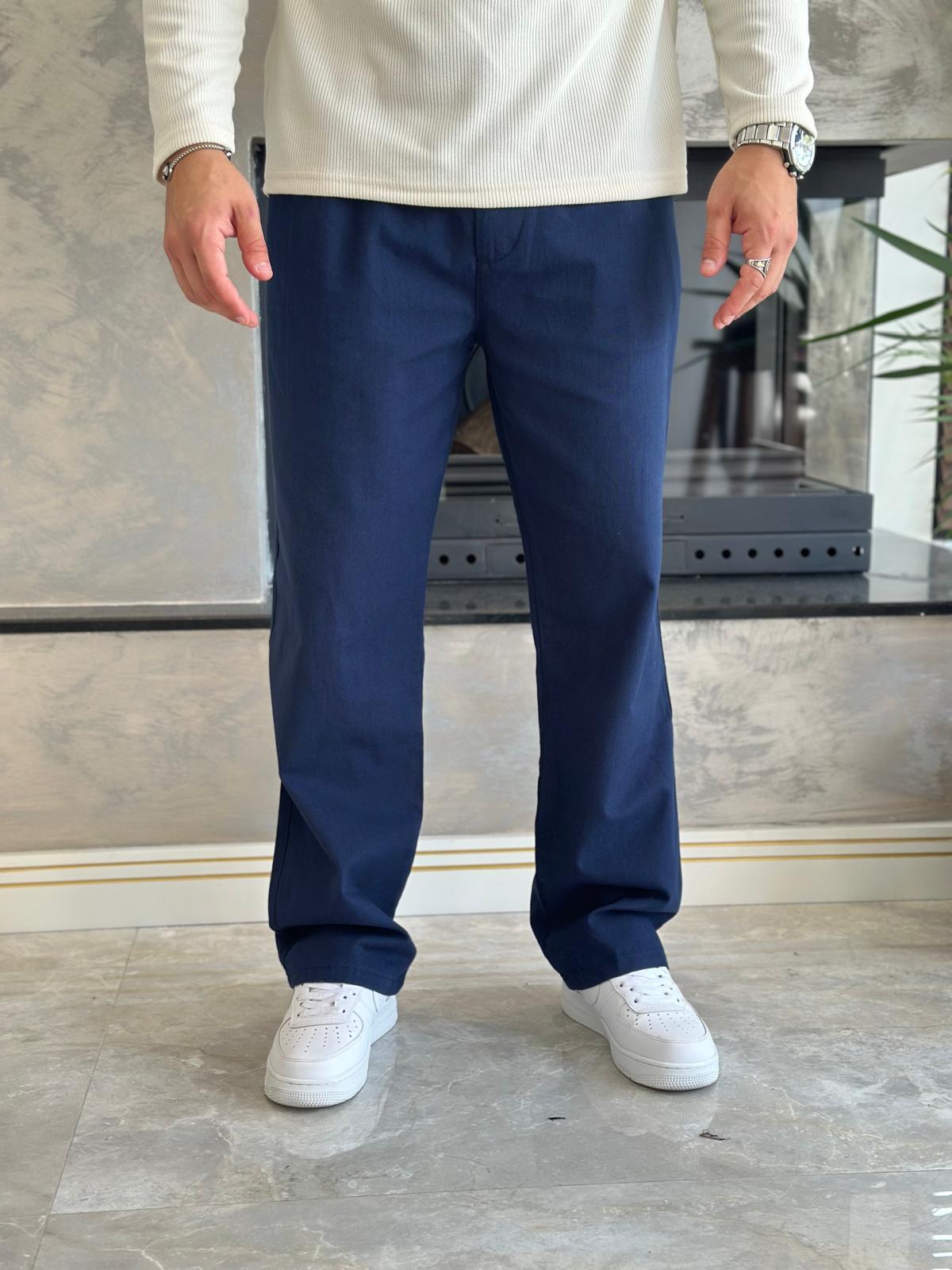 Erkek Pileli Relaxed Fit Keten Pantolon Lacivert Eca028