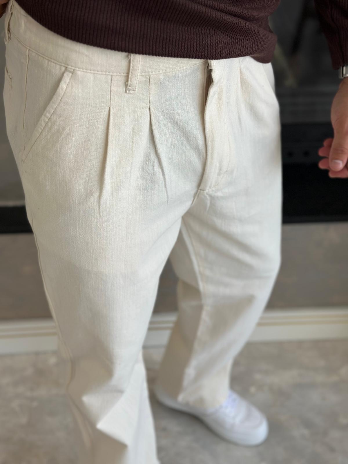 Erkek Pileli  Relaxed Fit Keten Pantolon Bej Eca028 · 5