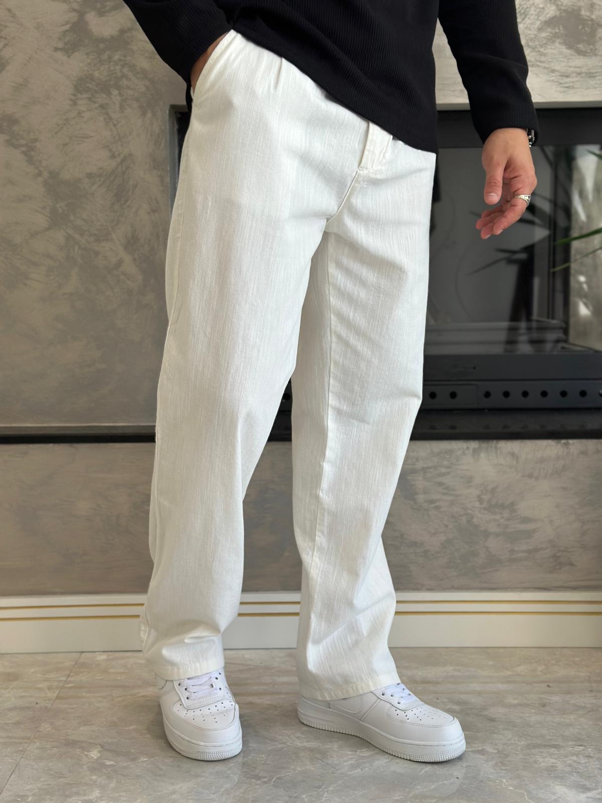 Erkek Pileli Relaxed Fit Keten Pantolon Beyaz Eca028