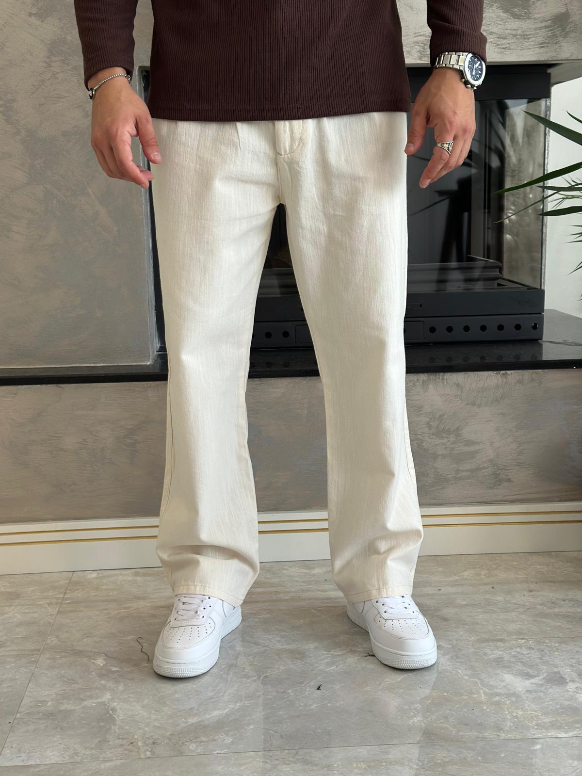 Erkek Pileli  Relaxed Fit Keten Pantolon Bej Eca028