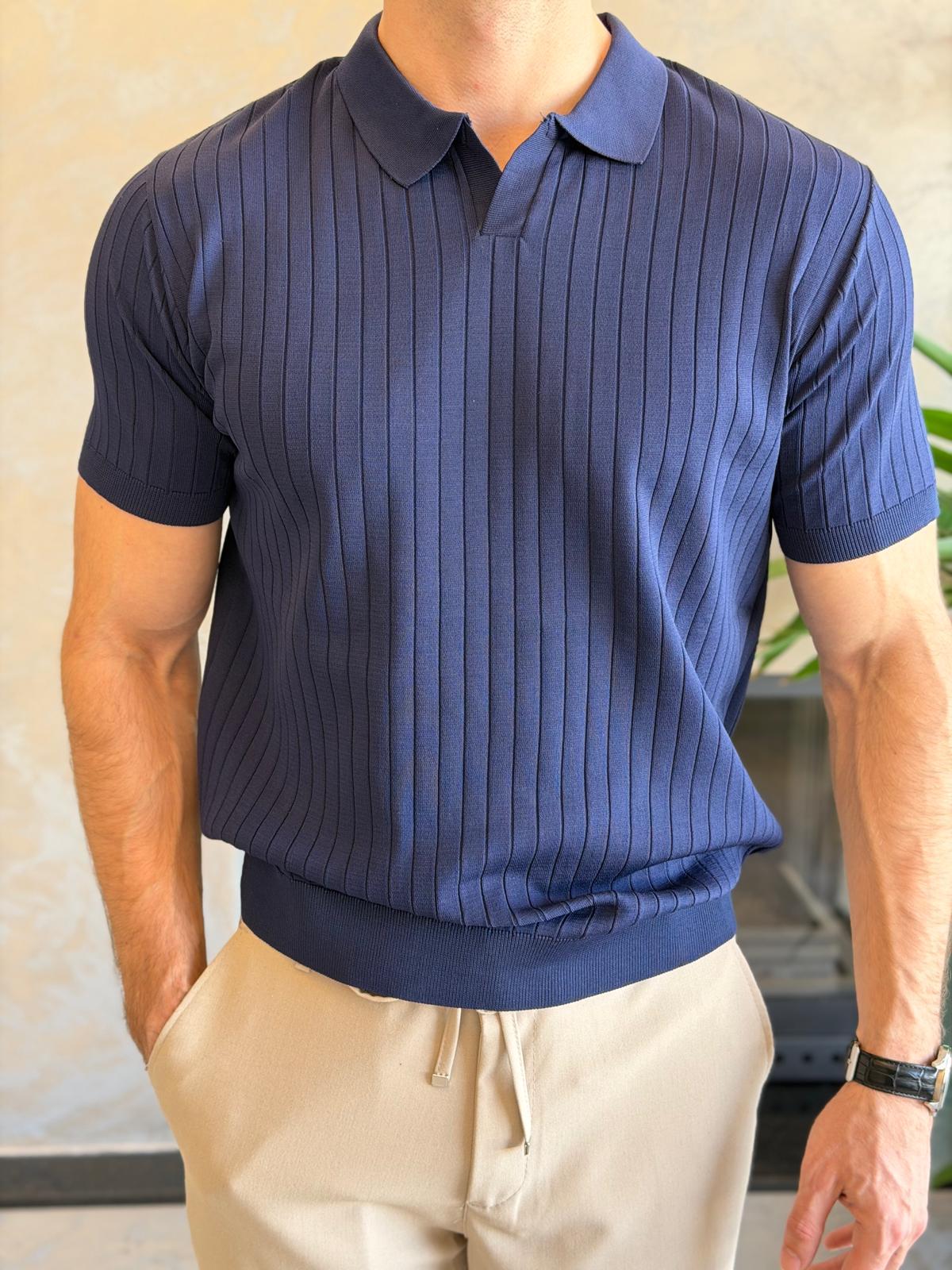 Erkek Polo Yaka Çizgi Dokulu Tshirt Lacivert Eca059