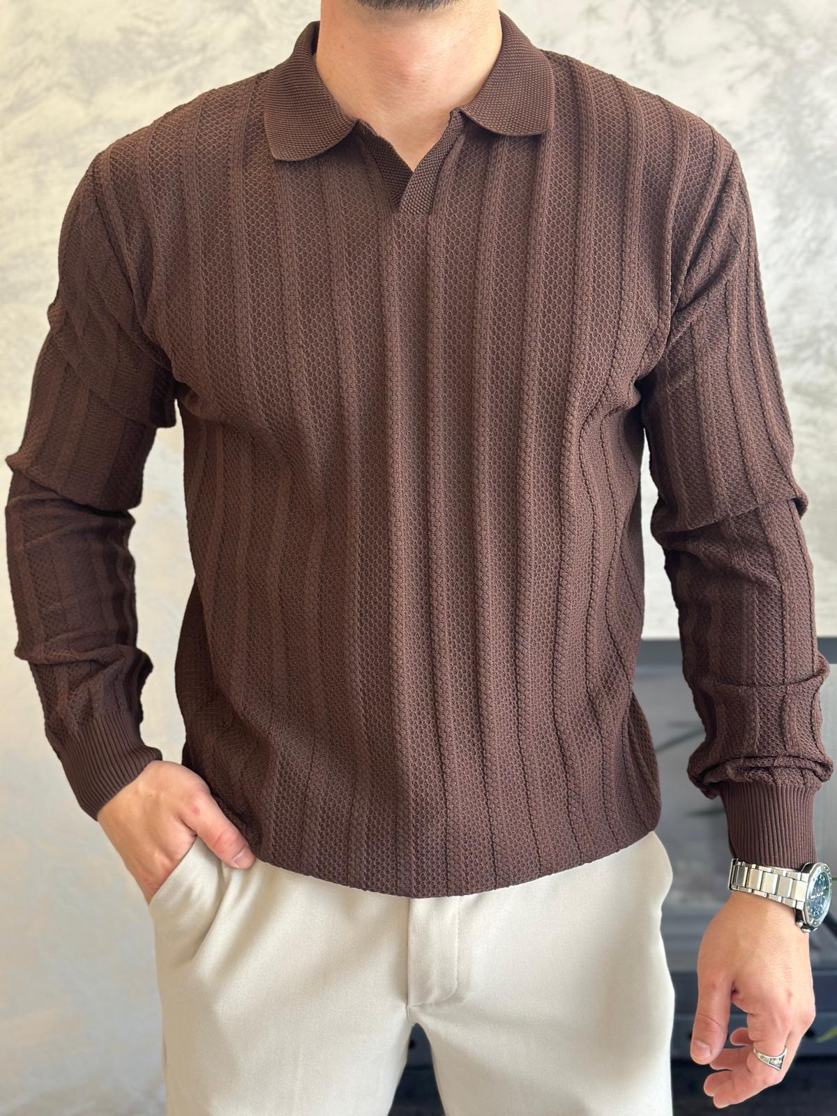 Erkek Polo Yaka Dokulu Kazak Acı Kahve  Eca054