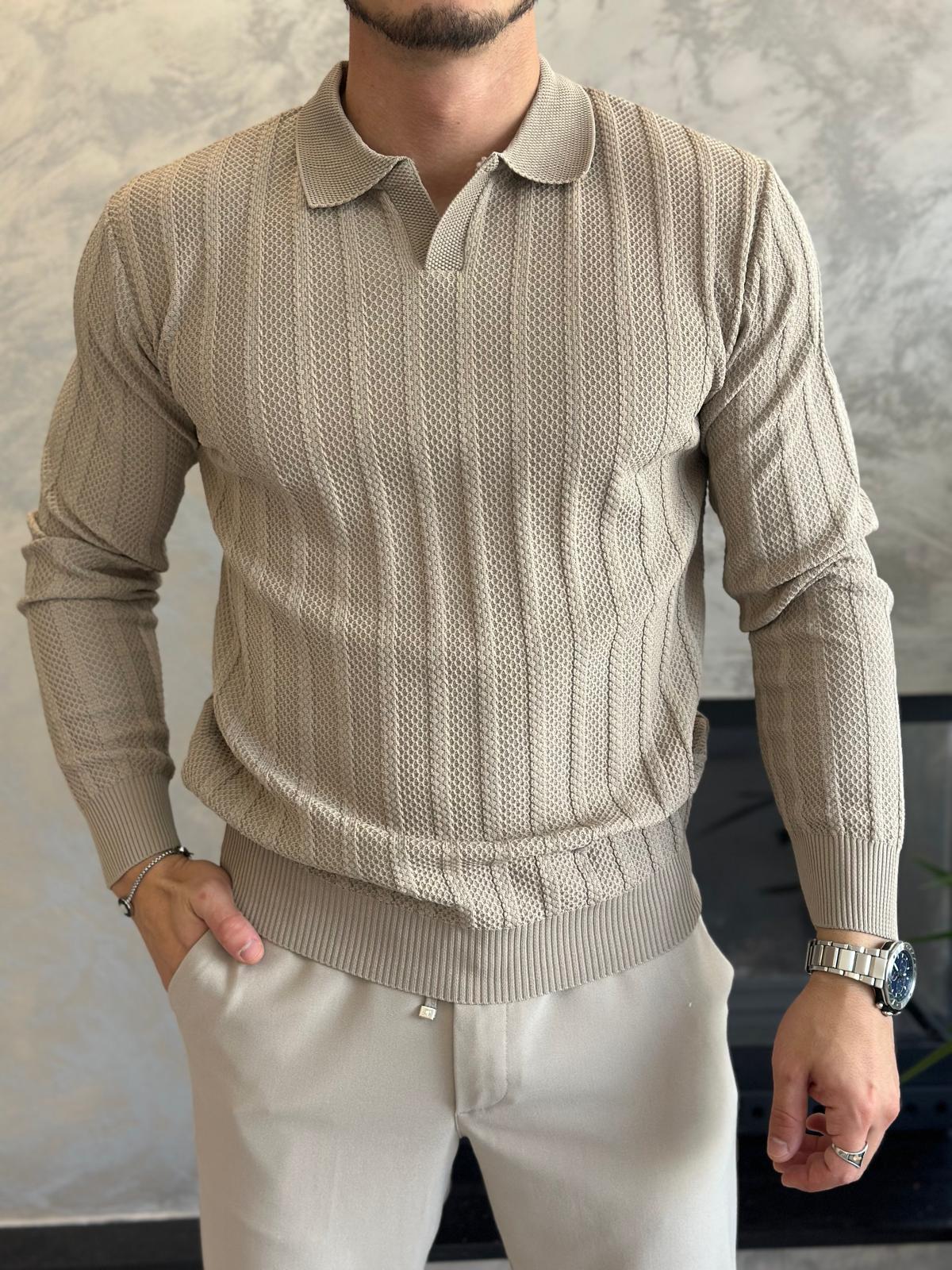 Erkek Polo Yaka Dokulu Kazak Bej Eca054