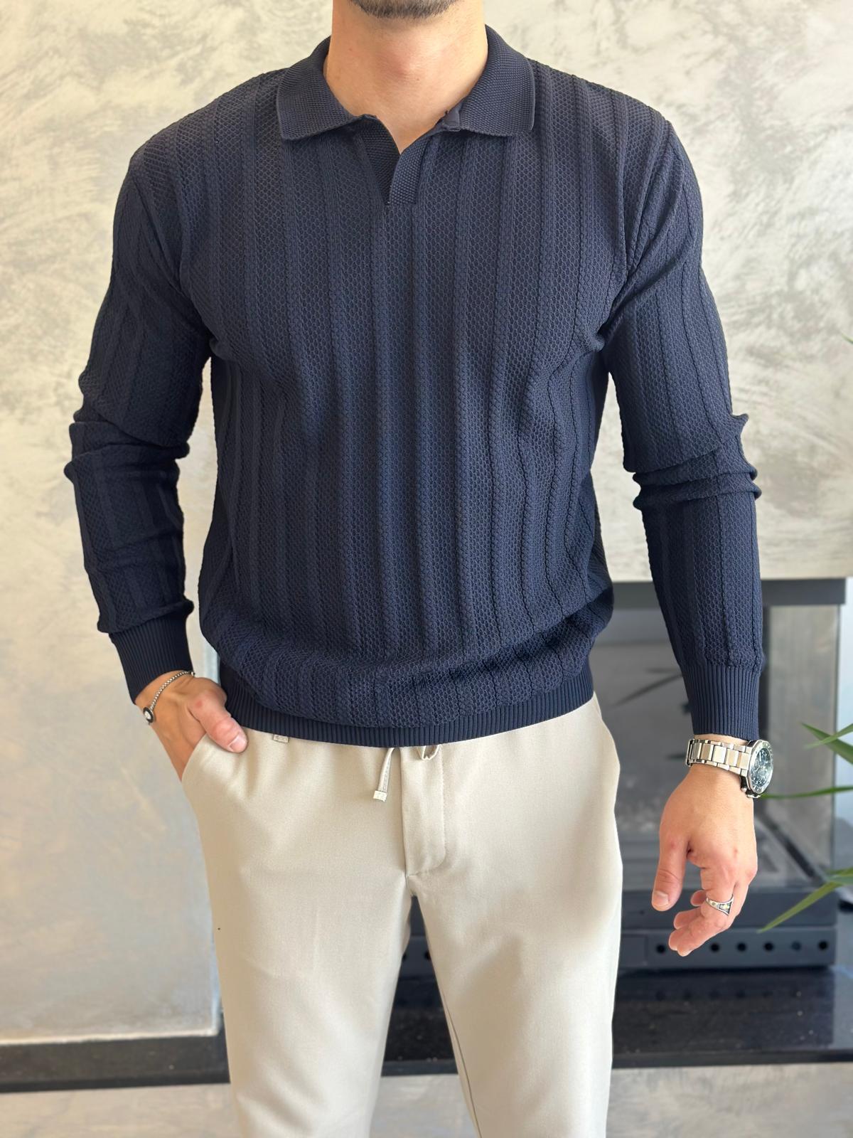 Erkek Polo Yaka Dokulu Kazak Lacivert Eca054