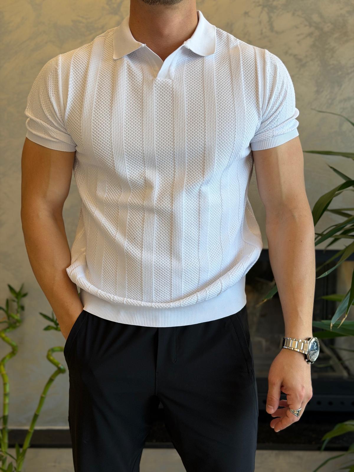 Erkek Polo Yaka Dokulu Tshirt Beyaz Eca065
