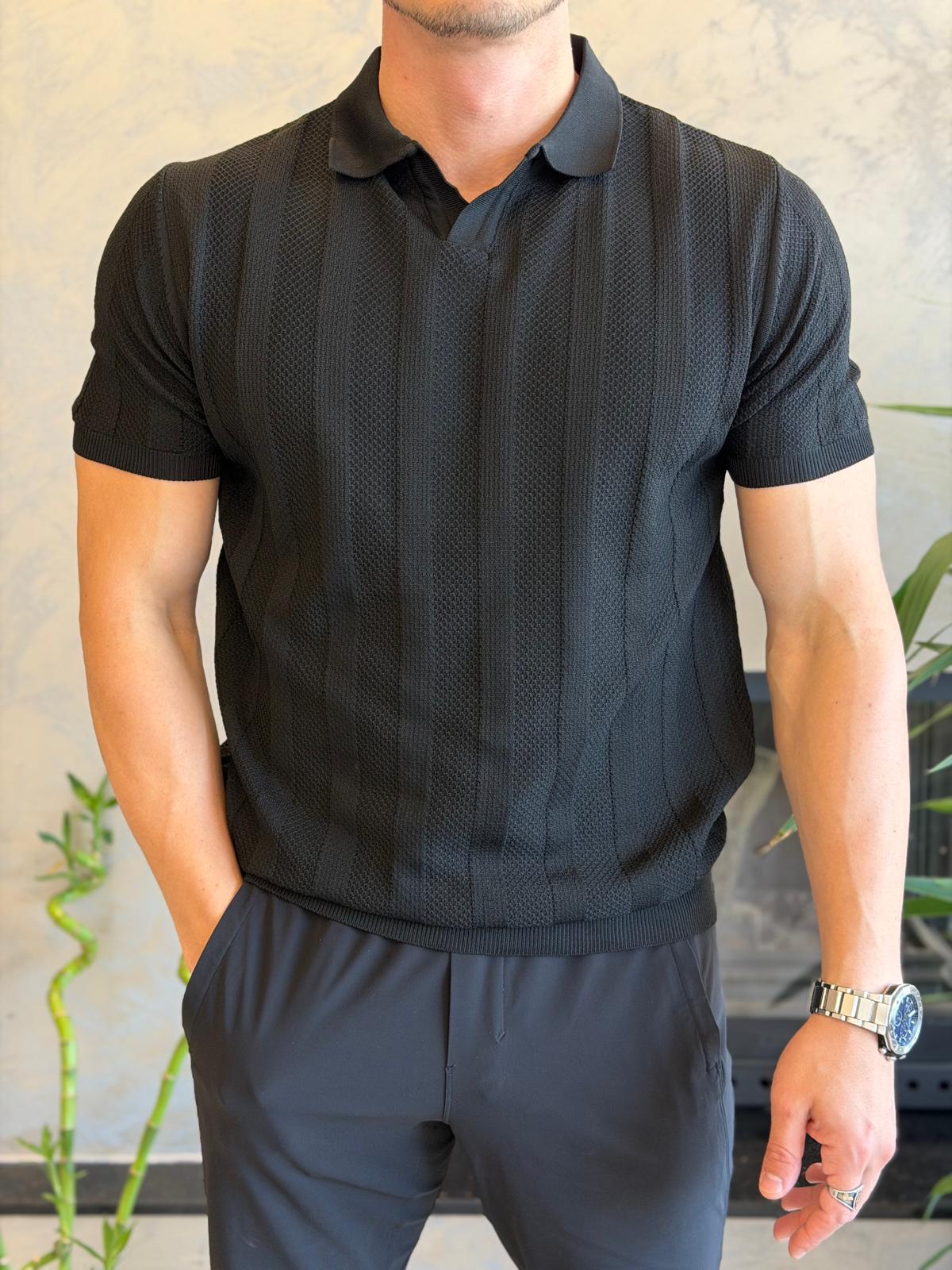 Erkek Polo Yaka Dokulu Tshirt Siyah Eca065