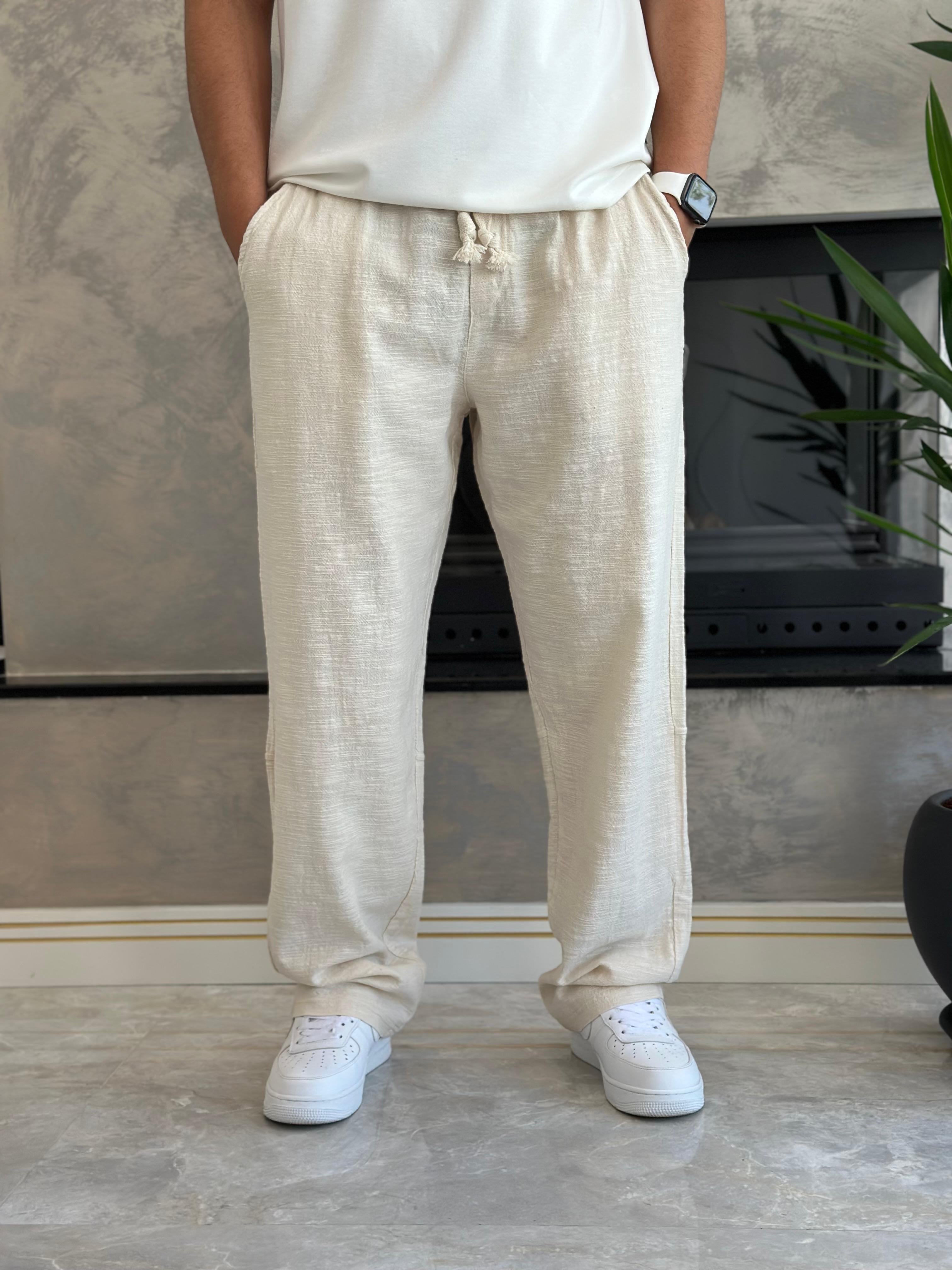 Erkek Rahat Kalıp Keten Pantolon Krem Eca001