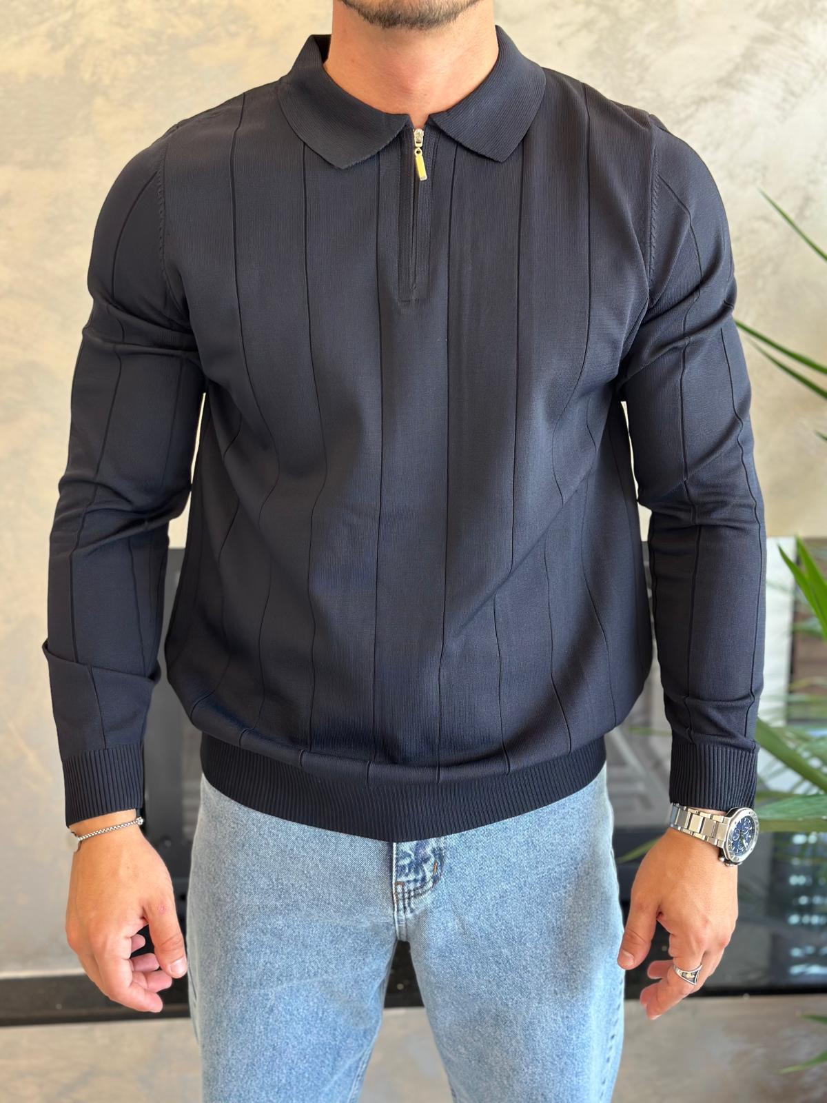 Erkek Regular Fit Fermuar Yaka Çizgi Detaylı Triko Kazak Lacivert  Eca035