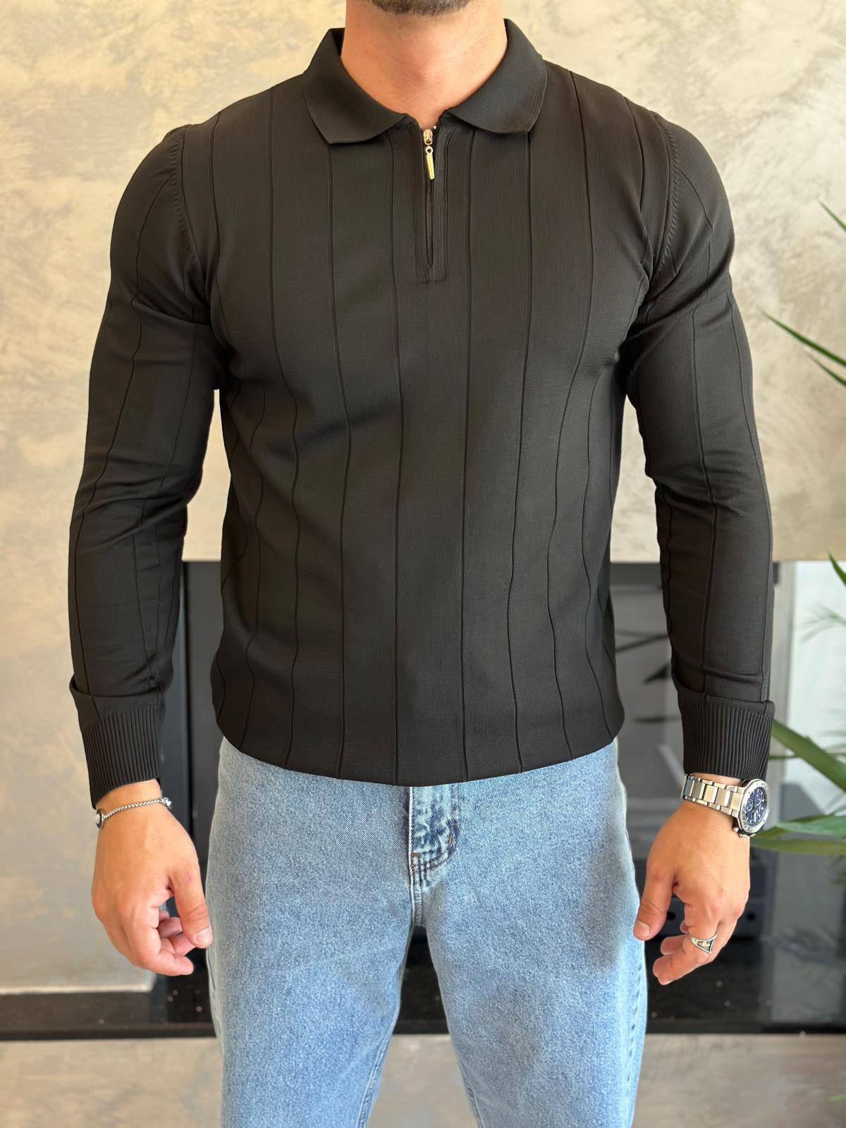Erkek Regular Fit Fermuar Yaka Çizgi Detaylı Triko Kazak Siyah Eca035
