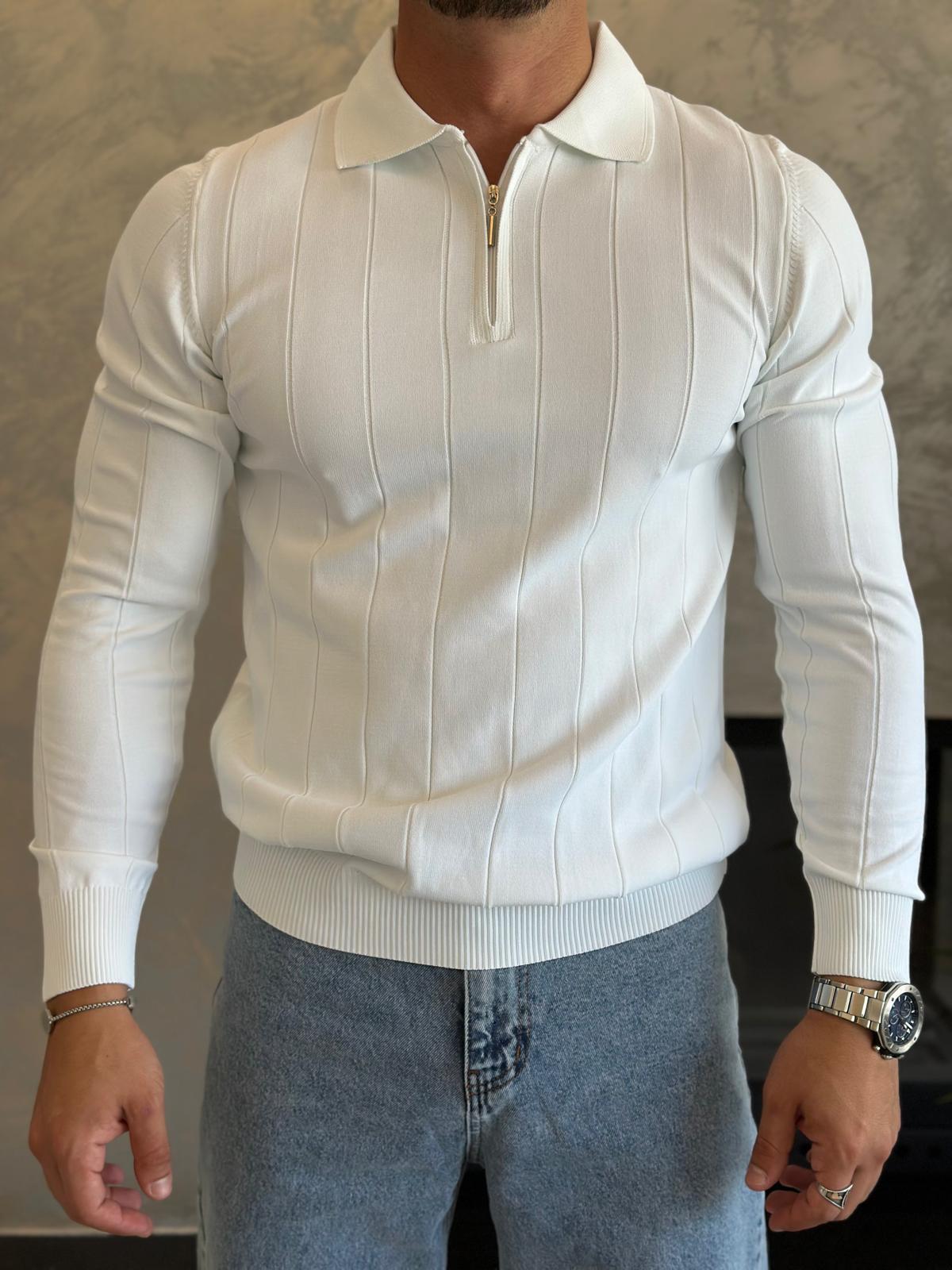 Erkek Regular Fit Fermuar Yaka Çizgi Detaylı Triko Kazak Beyaz Eca035
