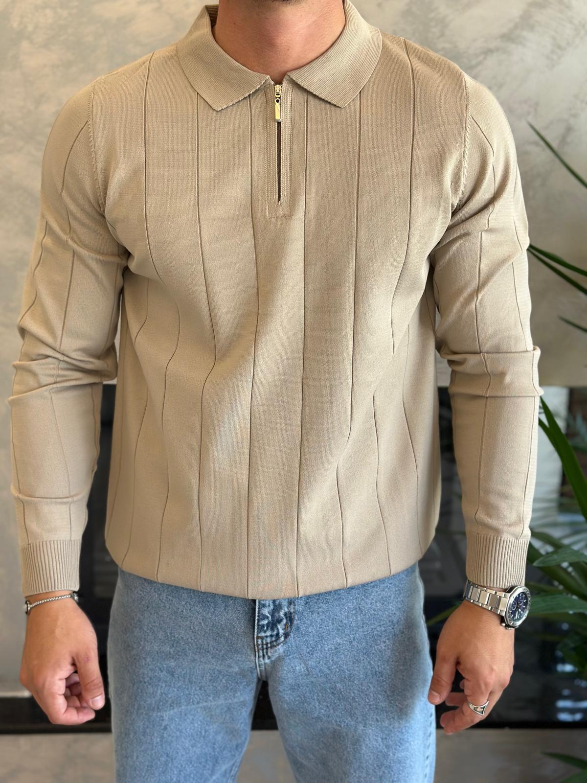 Erkek Regular Fit Fermuar Yaka Çizgi Detaylı Triko Kazak Bej Eca035